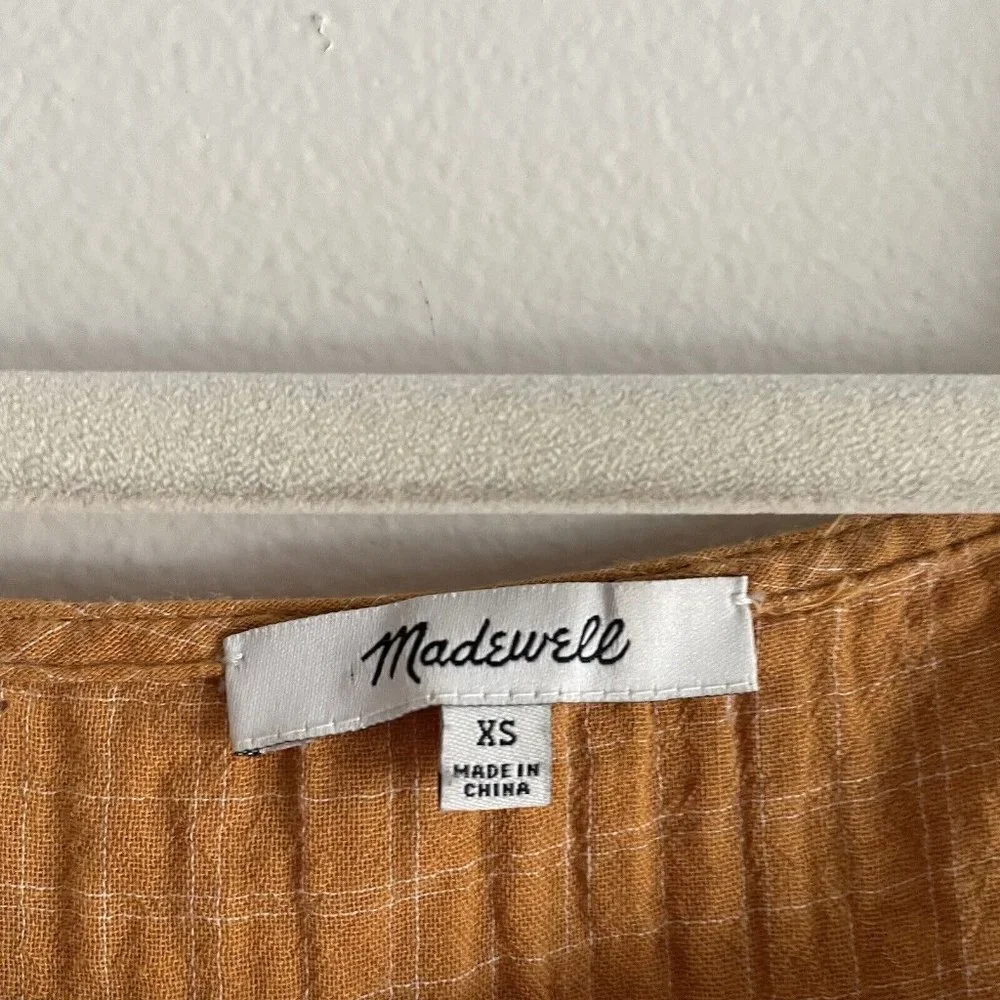 Madewell Women XS Gold Windowpane Lightspun Millbrook Puff-Sleeve Peplum Top - Picture 7 of 9